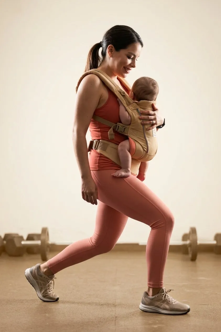 Mujer en su etapa de postparto entrenando con su bebé
